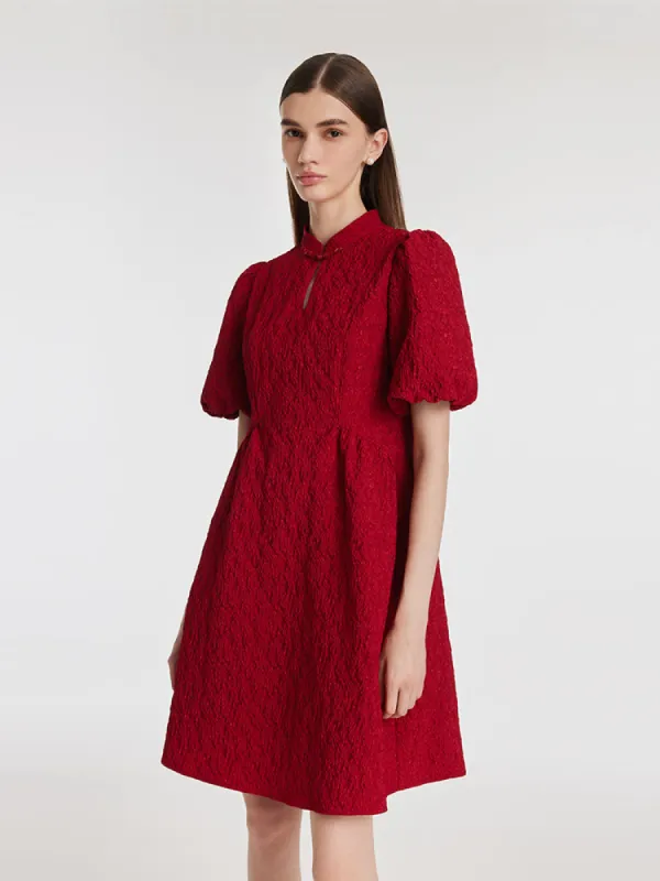 Jacquard Puff Sleeves Women Qipao Mini Dress sold by Goelia