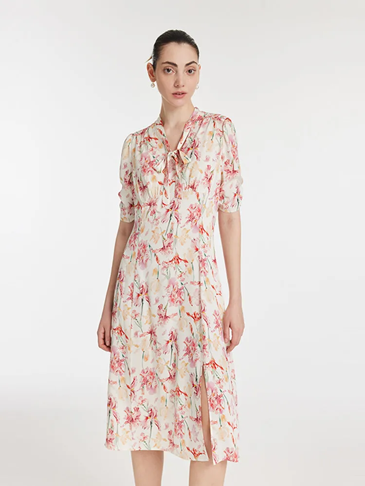 19 Momme Mulberry Silk Iris Print Bow Tie Neck Slit Women Midi Dress sold by Goelia