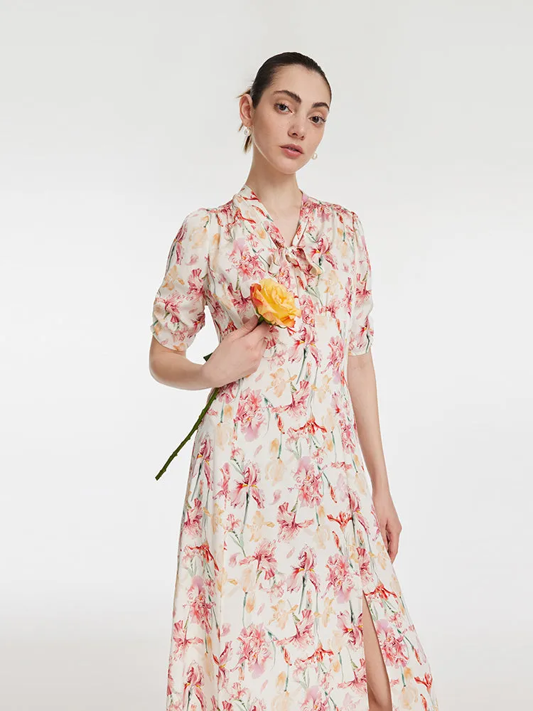 19 Momme Mulberry Silk Iris Print Bow Tie Neck Slit Women Midi Dress sold by Goelia product image thumbnail 3