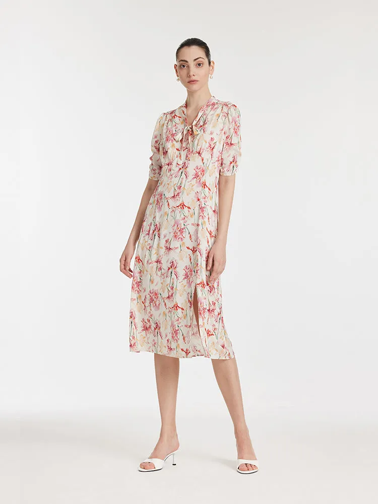 19 Momme Mulberry Silk Iris Print Bow Tie Neck Slit Women Midi Dress sold by Goelia product image thumbnail 2