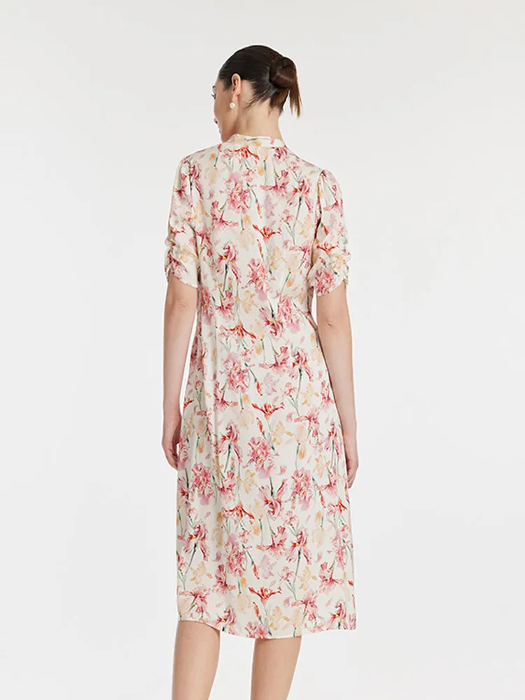 19 Momme Mulberry Silk Iris Print Bow Tie Neck Slit Women Midi Dress sold by Goelia product image thumbnail 4