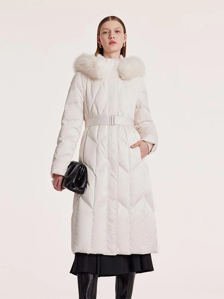 Gathered Waist Long Goose Down Garment With Faux-Fur Collar sold by Goelia