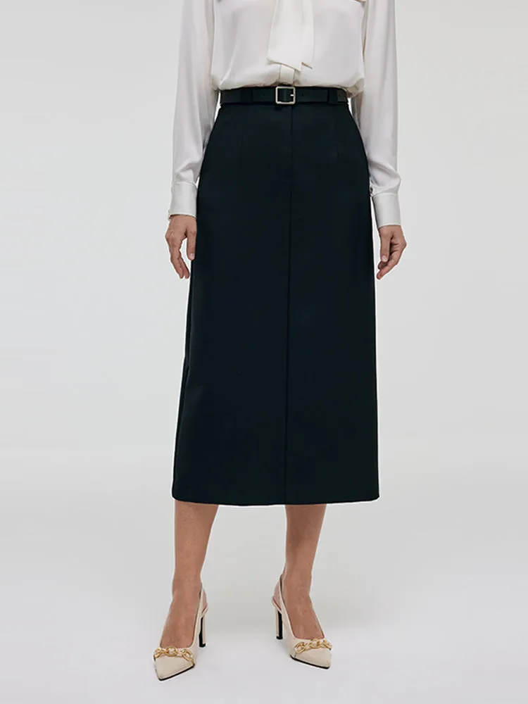 Worsted Wool Women Column Skirt With Leather Belt sold by Goelia