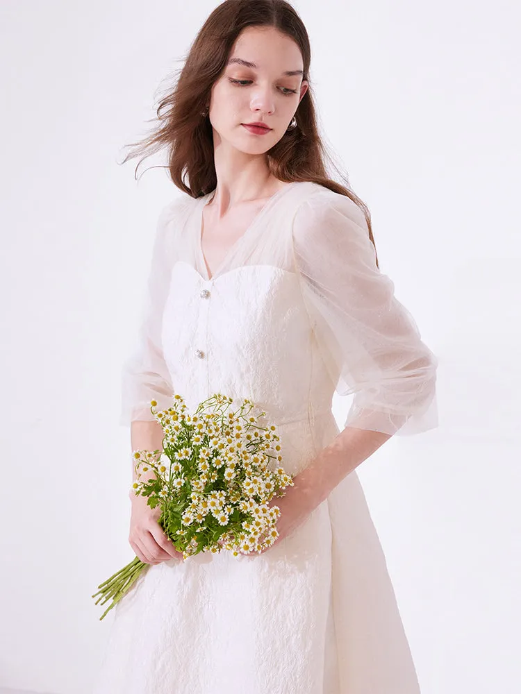 White Mesh Half-Sleeve V-Neck Jacquard Midi Dress sold by Goelia product image thumbnail 5