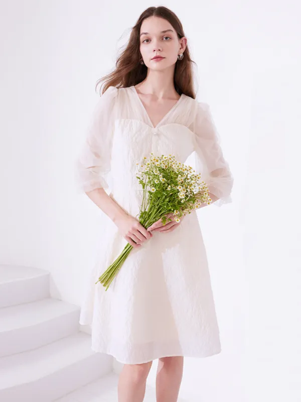 White Mesh Half-Sleeve V-Neck Jacquard Midi Dress sold by Goelia