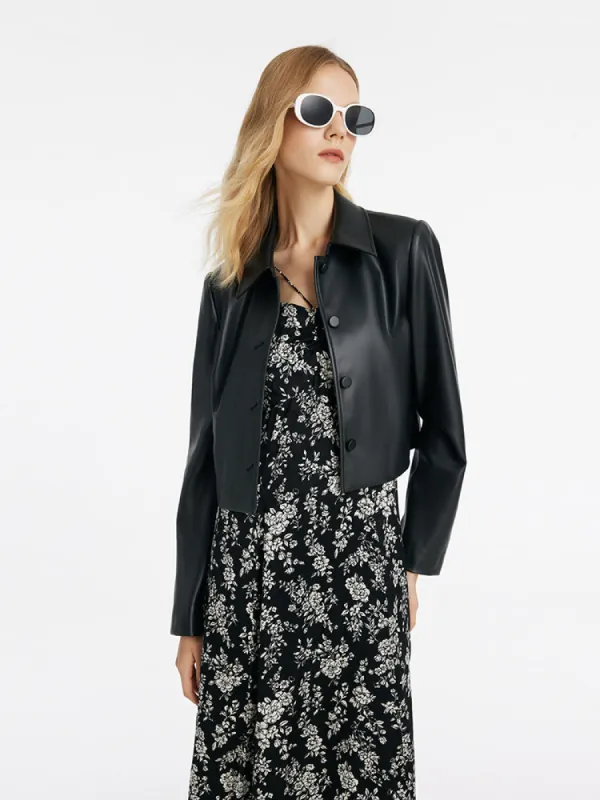 Eco-Friendly Leather Lapel Women Crop Jacket sold by Goelia