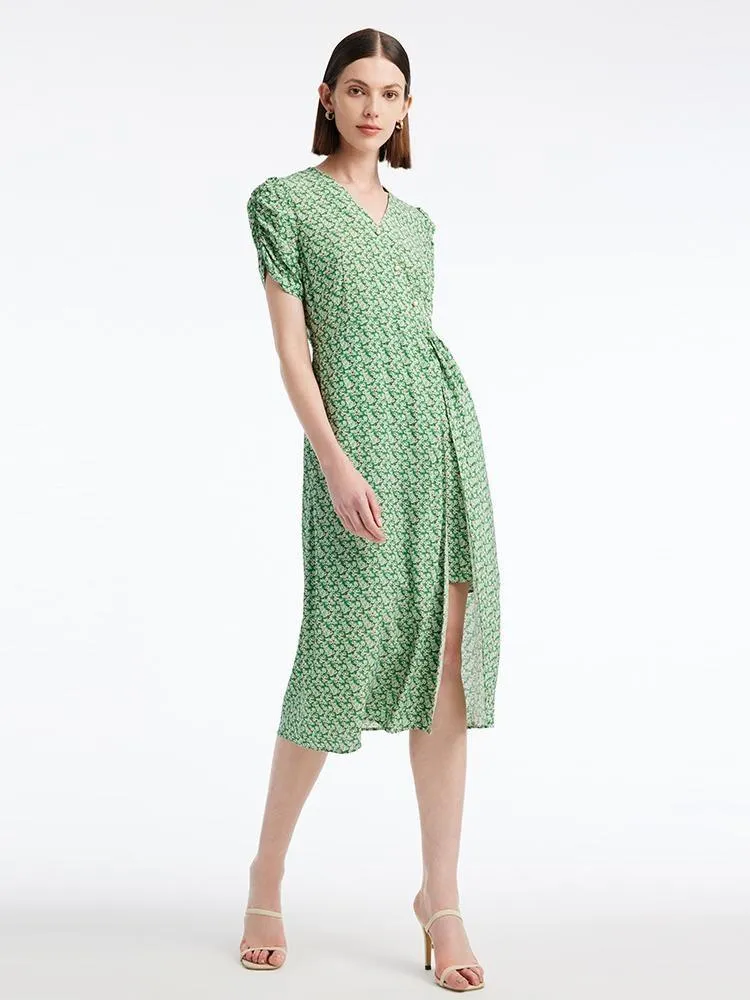 Green Print V-Neck Midi Dress sold by Goelia