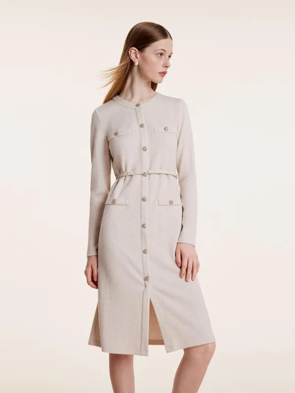 Beige Knitted Gathered Waist Dress sold by Goelia