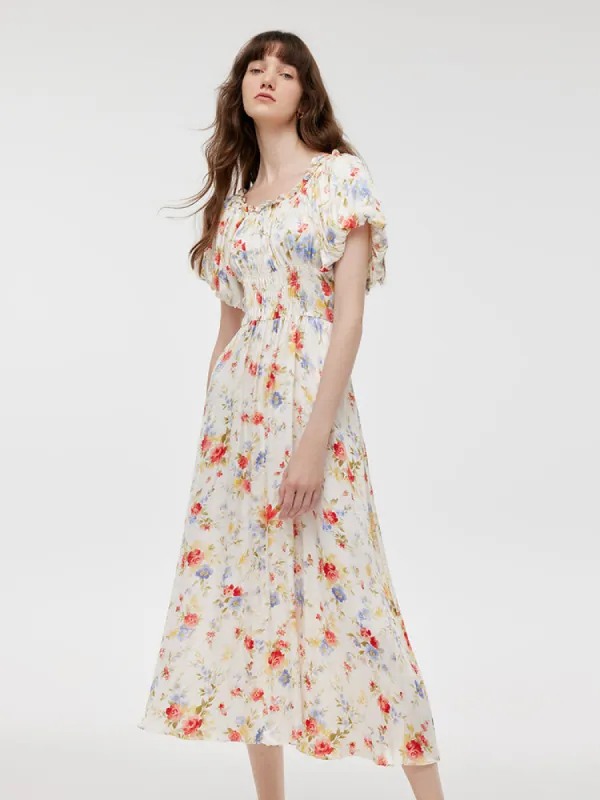 Rose Print Gathered Waist Women Maxi Dress sold by Goelia