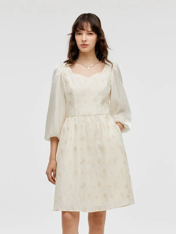 Lantern Sleeves Patchwork Jacquard Women Mini Dress sold by Goelia