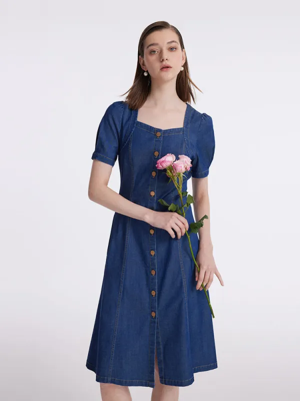 Denim Puff Sleeves Single-Breasted Women Midi Dress sold by Goelia