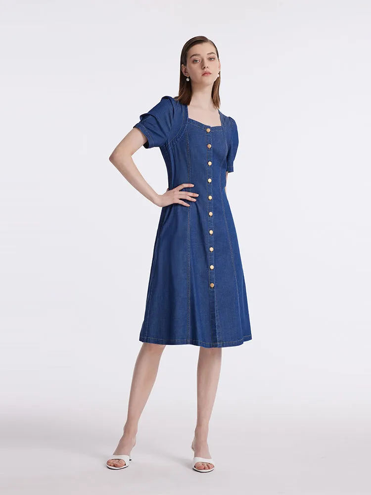 Denim Puff Sleeves Single-Breasted Women Midi Dress sold by Goelia product image thumbnail 2