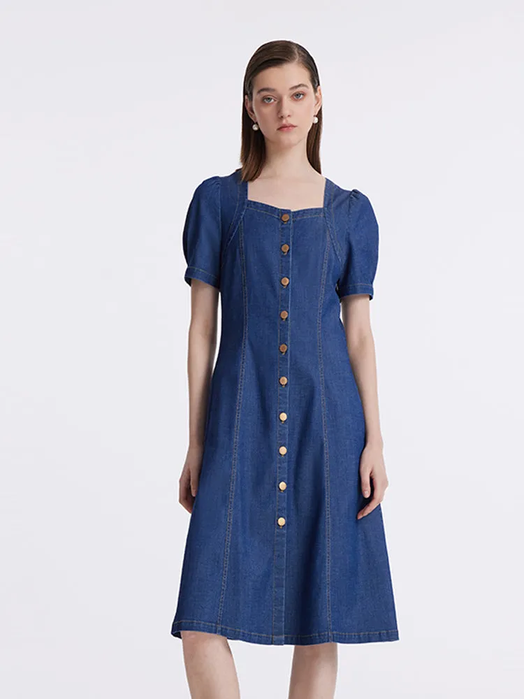 Denim Puff Sleeves Single-Breasted Women Midi Dress sold by Goelia product image thumbnail 3