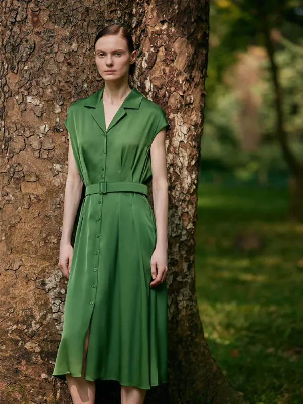 22 Momme Mulberry Silk Lapel Women Midi Dress With Belt sold by Goelia