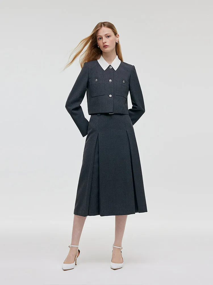 Wool Blend Crop Jacket And A-Line Skirt Two-Piece Set With Leather Belt sold by Goelia product image thumbnail 2
