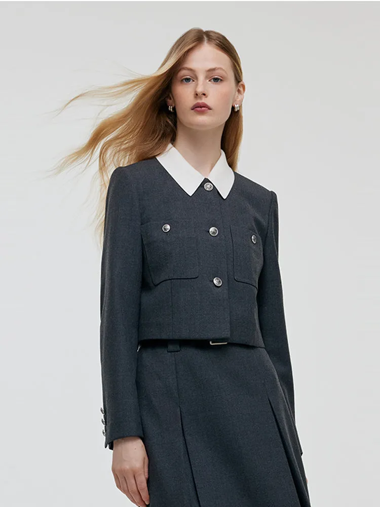 Wool Blend Crop Jacket And A-Line Skirt Two-Piece Set With Leather Belt sold by Goelia product image thumbnail 5