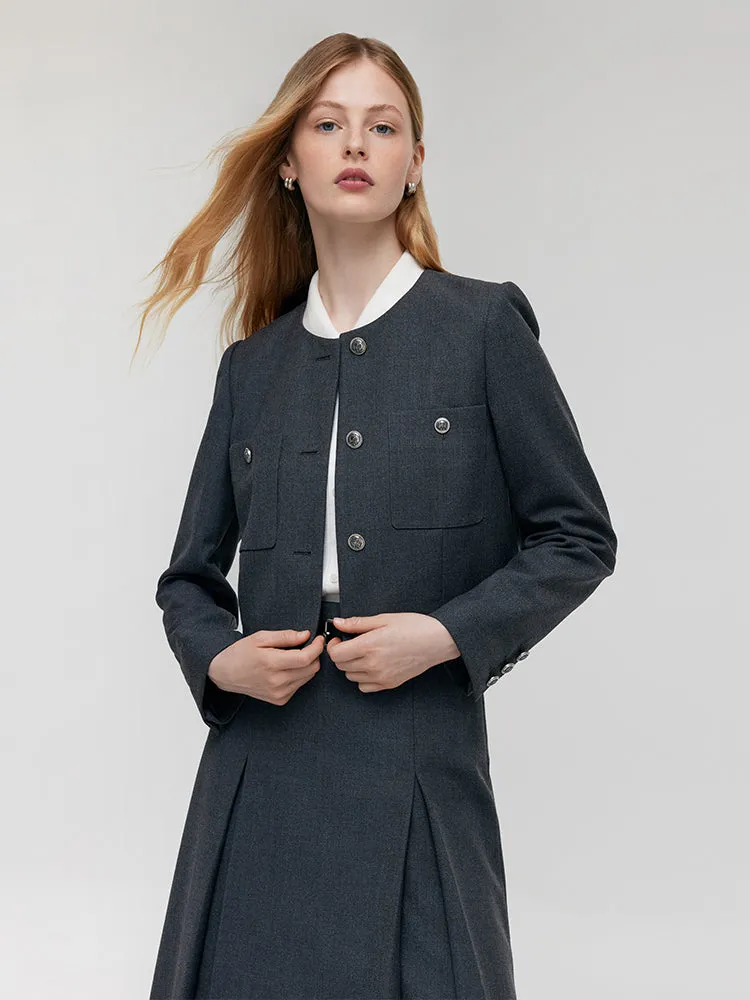 Wool Blend Crop Jacket And A-Line Skirt Two-Piece Set With Leather Belt sold by Goelia product image thumbnail 4