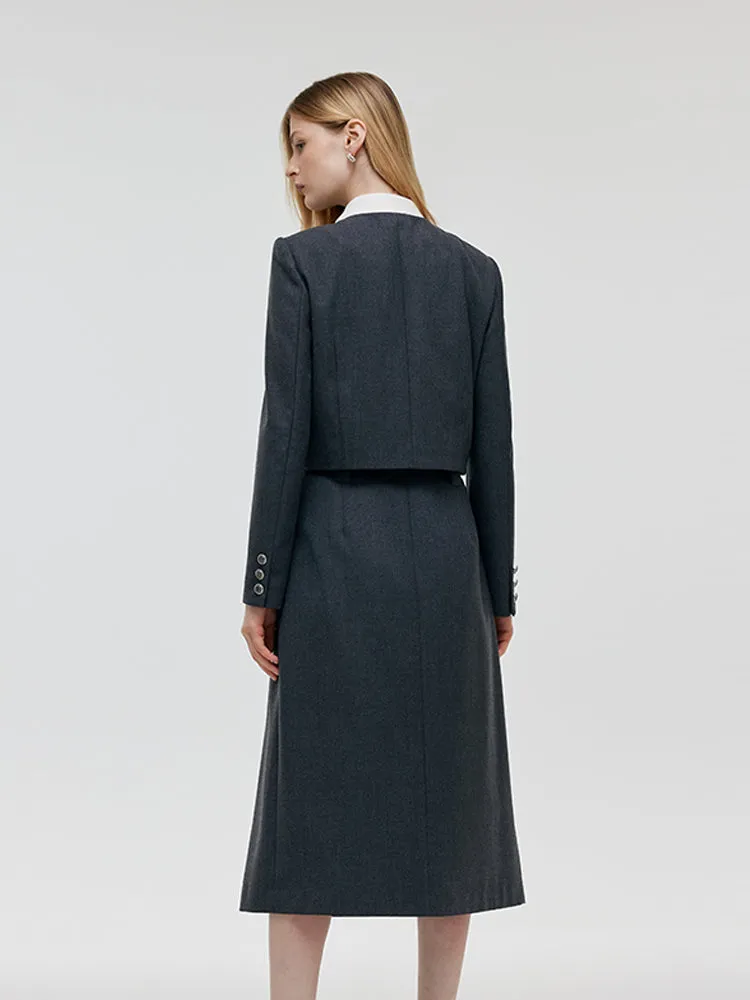 Wool Blend Crop Jacket And A-Line Skirt Two-Piece Set With Leather Belt sold by Goelia product image thumbnail 3