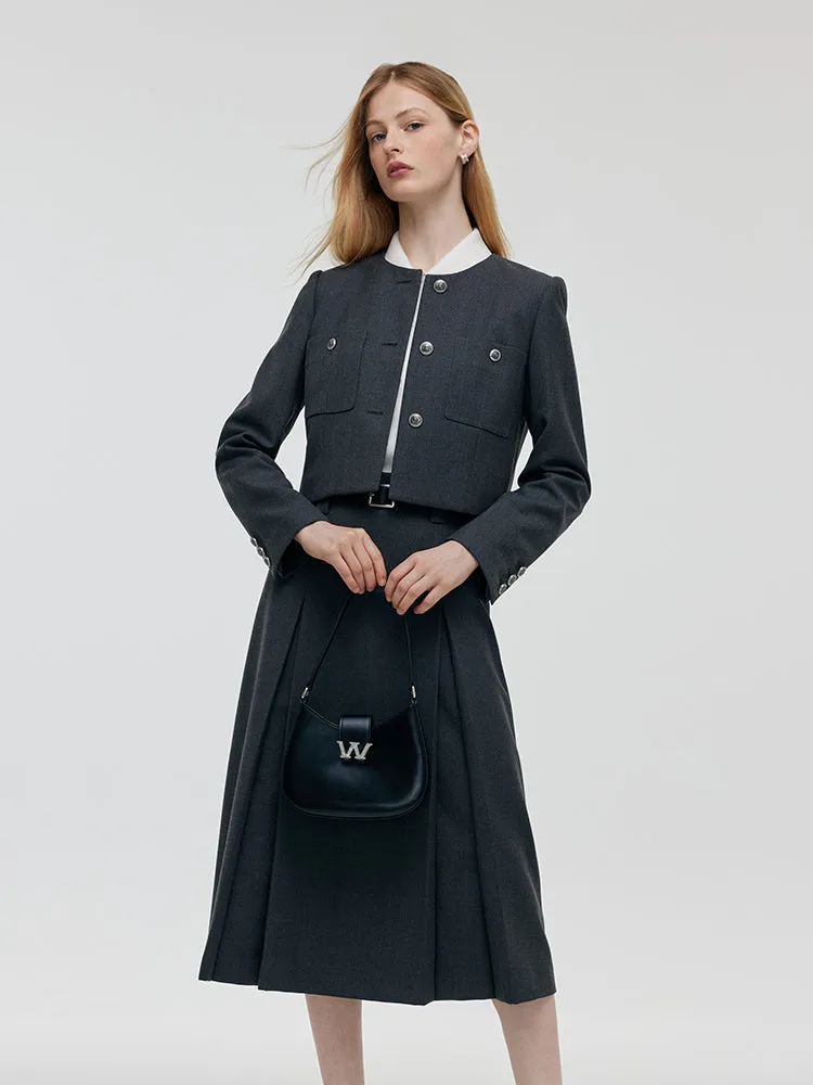 Wool Blend Crop Jacket And A-Line Skirt Two-Piece Set With Leather Belt sold by Goelia