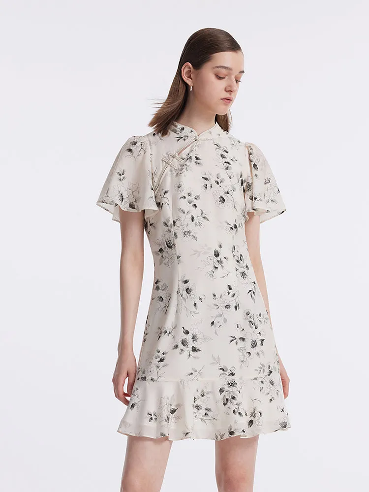 Ink Floral Ruffle Sleeve Cheongsam Qipao Mini Dress sold by Goelia
