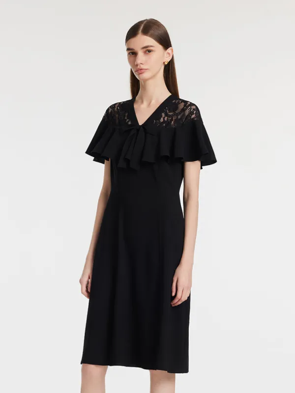 Acetate Patchwork Lace Ruffle Women Midi Dress sold by Goelia