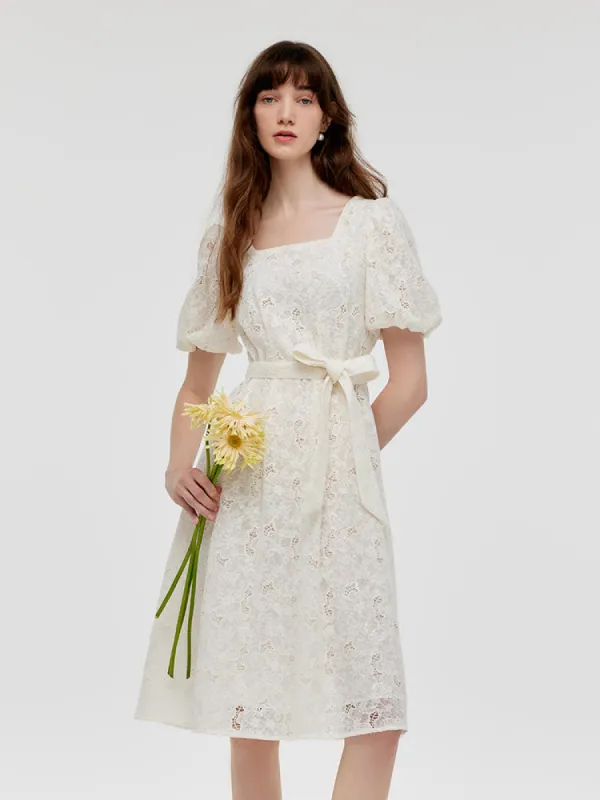 Lace Puff Sleeves Women Midi Dress With Belt sold by Goelia