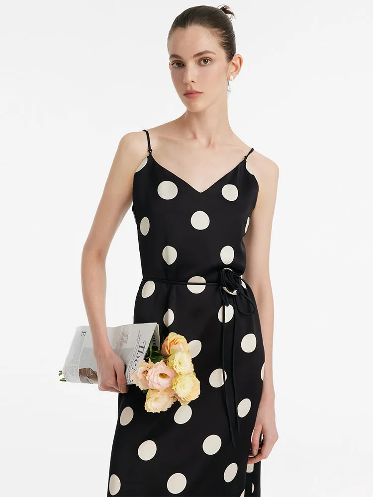 Acetate Polka Dots Print Spaghetti Strap Women Midi Dress With Rose Belt sold by Goelia product image thumbnail 3