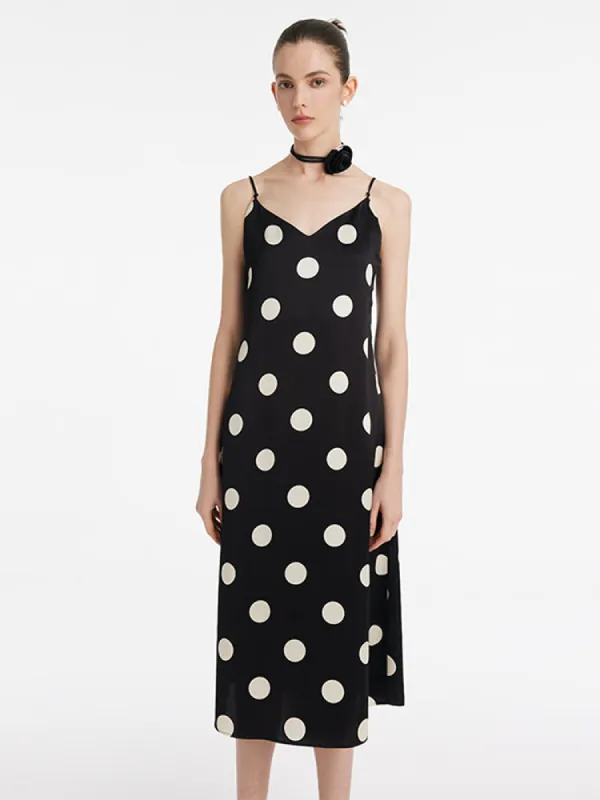 Acetate Polka Dots Print Spaghetti Strap Women Midi Dress With Rose Belt sold by Goelia