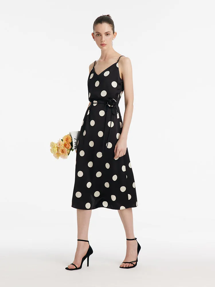 Acetate Polka Dots Print Spaghetti Strap Women Midi Dress With Rose Belt sold by Goelia product image thumbnail 2
