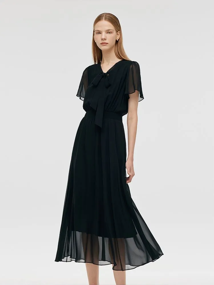 10 Momme Mulberry Silk Bow Tie Neck Ruffle Women Midi Dress sold by Goelia