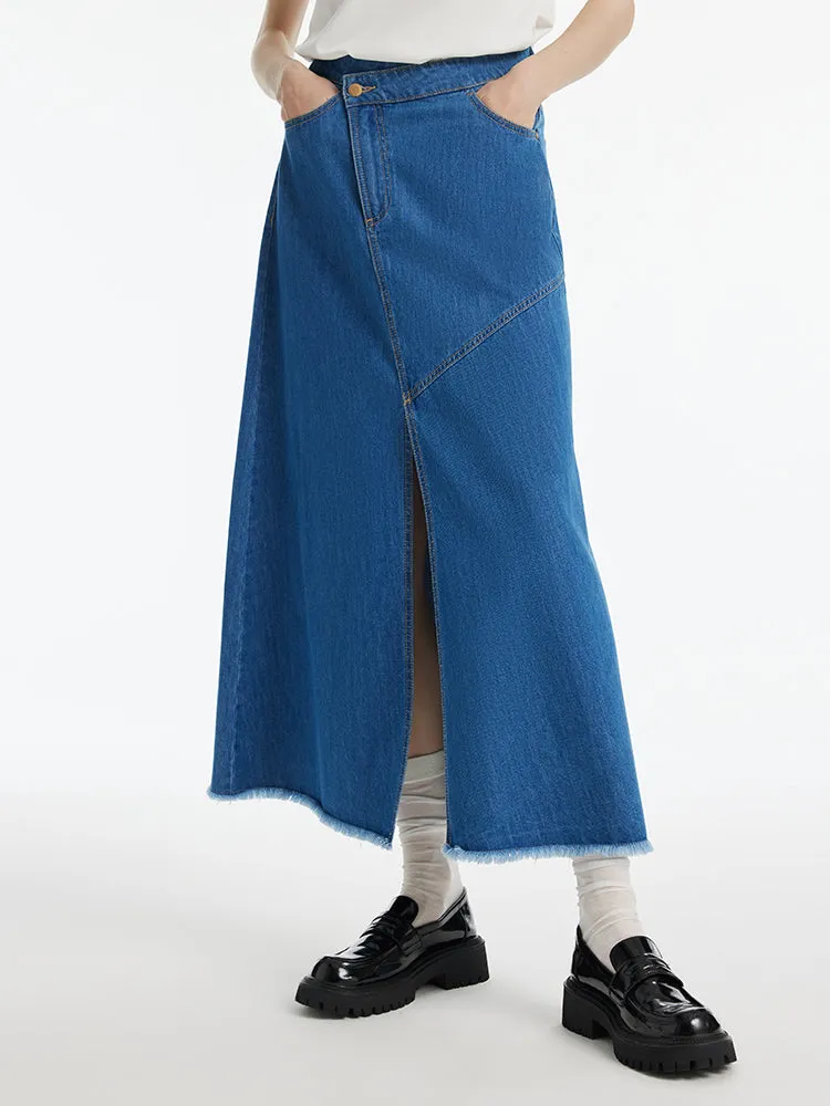 Denim Asymmetrical Slit Women Skirt sold by Goelia
