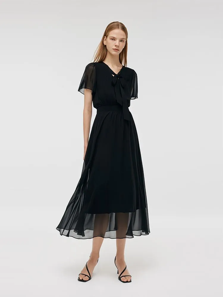 10 Momme Mulberry Silk Bow Tie Neck Ruffle Women Midi Dress sold by Goelia product image thumbnail 2