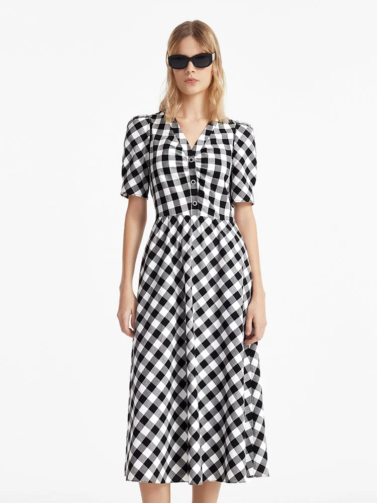 Gingham V-Neck Women Maxi Dress sold by Goelia