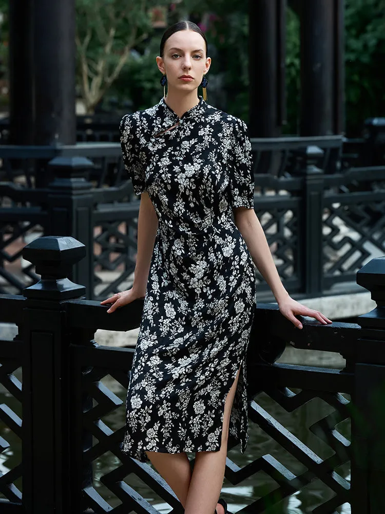Camellia Print Mandarin Collared Cheongsam Women Midi Qipao Dress sold by Goelia
