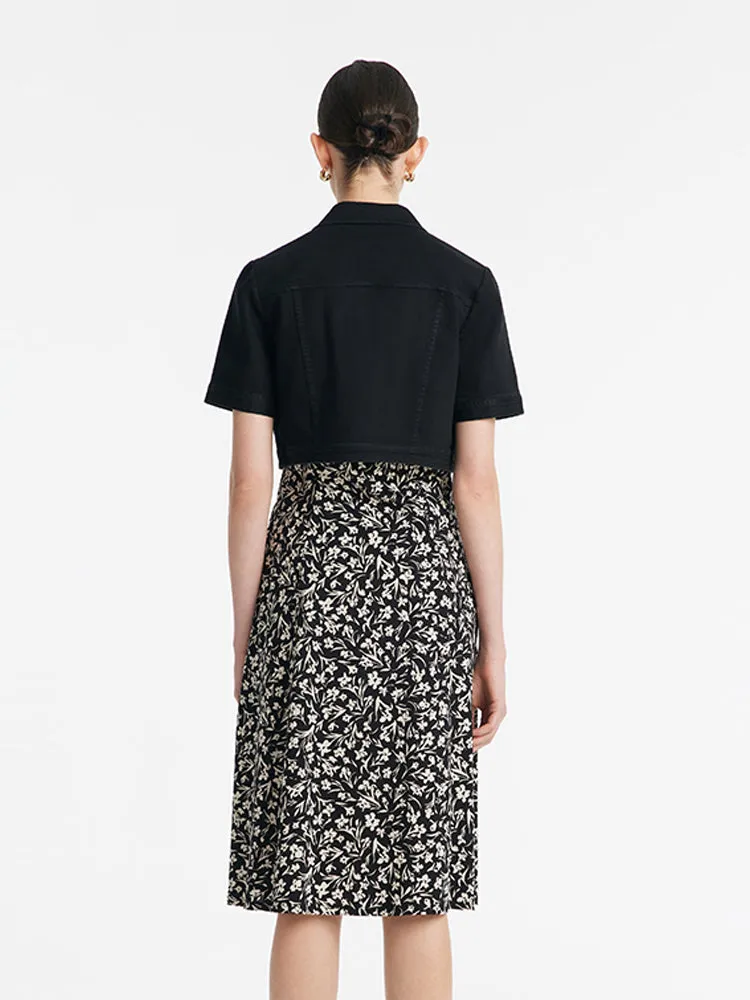 Denim Crop Jacket And Iris Print Spaghetti Strap Midi Dress Two-Piece Set sold by Goelia product image thumbnail 3