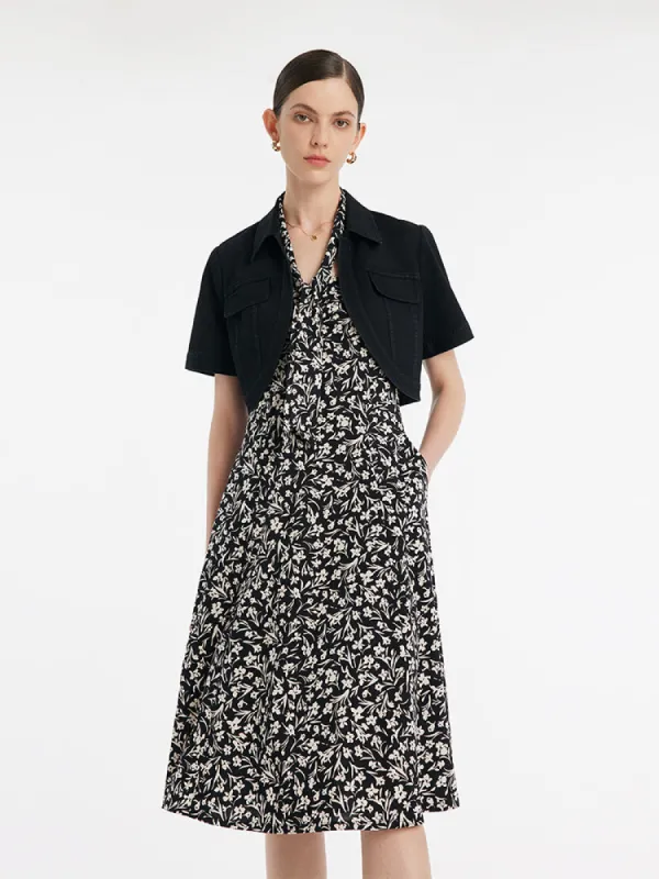 Denim Crop Jacket And Iris Print Spaghetti Strap Midi Dress Two-Piece Set sold by Goelia