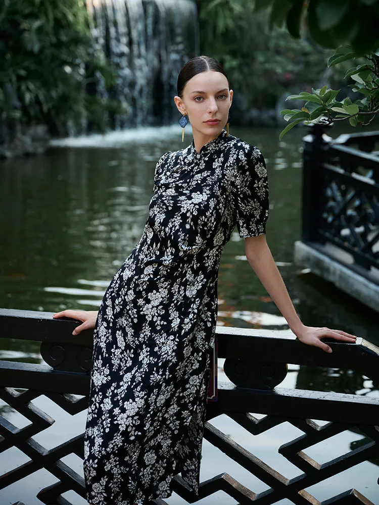 Camellia Print Mandarin Collared Cheongsam Women Midi Qipao Dress sold by Goelia product image thumbnail 4