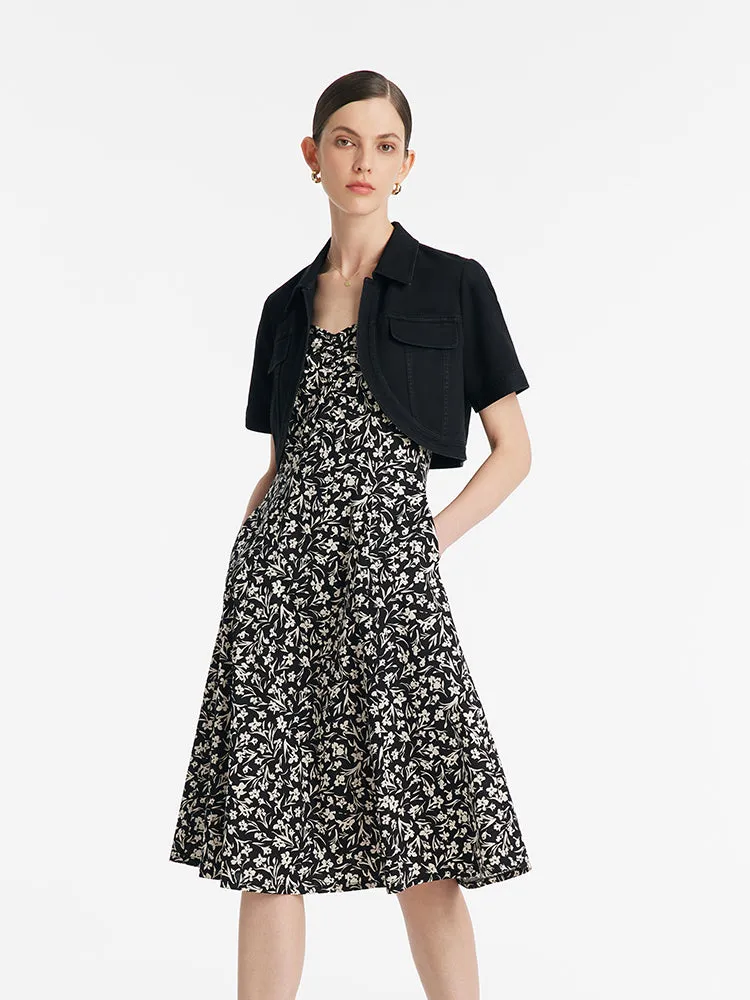 Denim Crop Jacket And Iris Print Spaghetti Strap Midi Dress Two-Piece Set sold by Goelia product image thumbnail 4