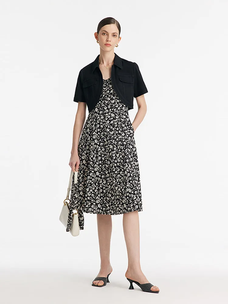 Denim Crop Jacket And Iris Print Spaghetti Strap Midi Dress Two-Piece Set sold by Goelia product image thumbnail 2