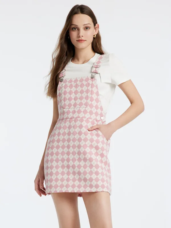 Pink Jacquard Denim Pinafore Mini Dress sold by Goelia