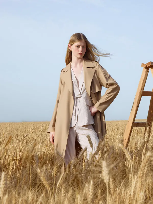 Worsted Wool Lapel Women Trench Coat With Belt sold by Goelia