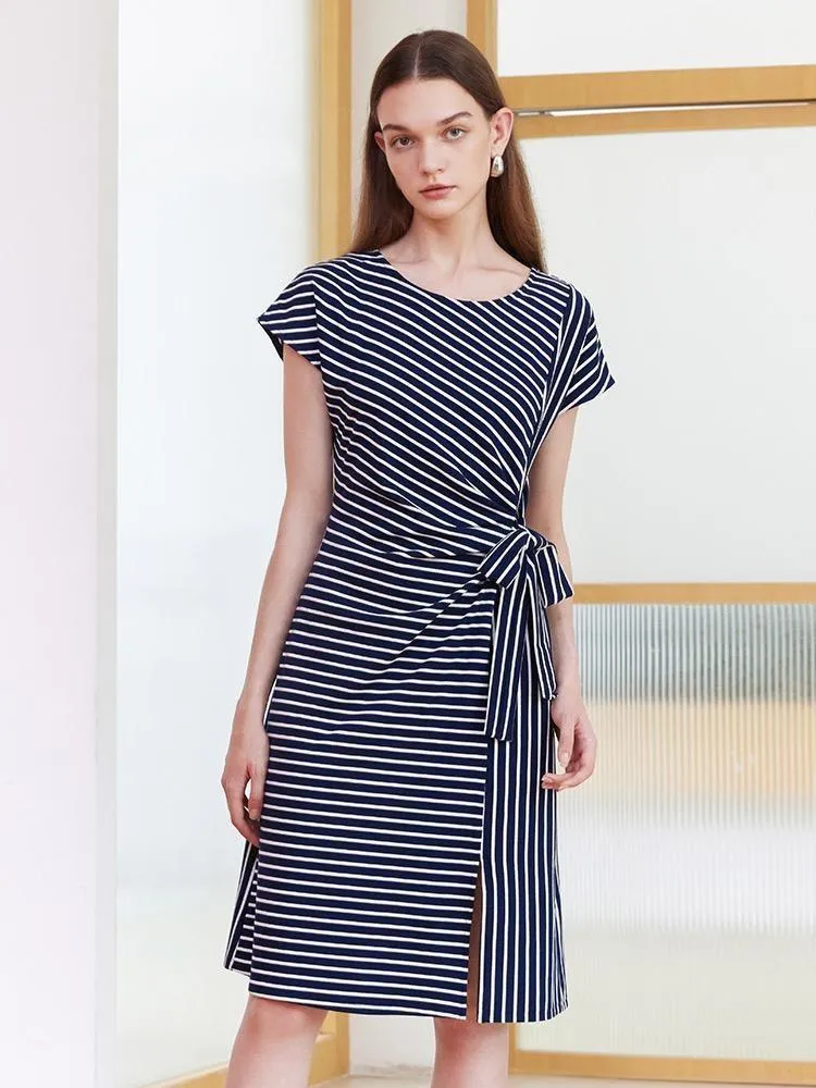 Navy Blue Stripe Wrap Mini Dress sold by Goelia product image thumbnail 4
