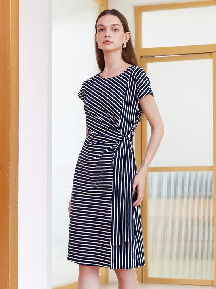 Navy Blue Stripe Wrap Mini Dress sold by Goelia