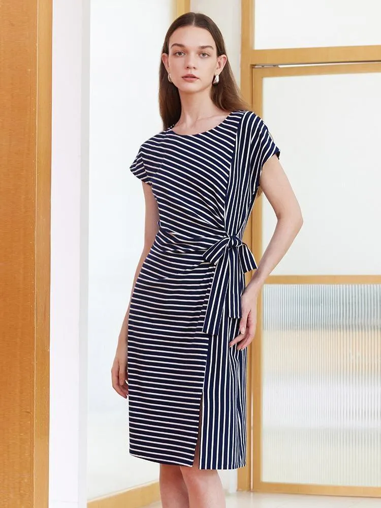 Navy Blue Stripe Wrap Mini Dress sold by Goelia product image thumbnail 5