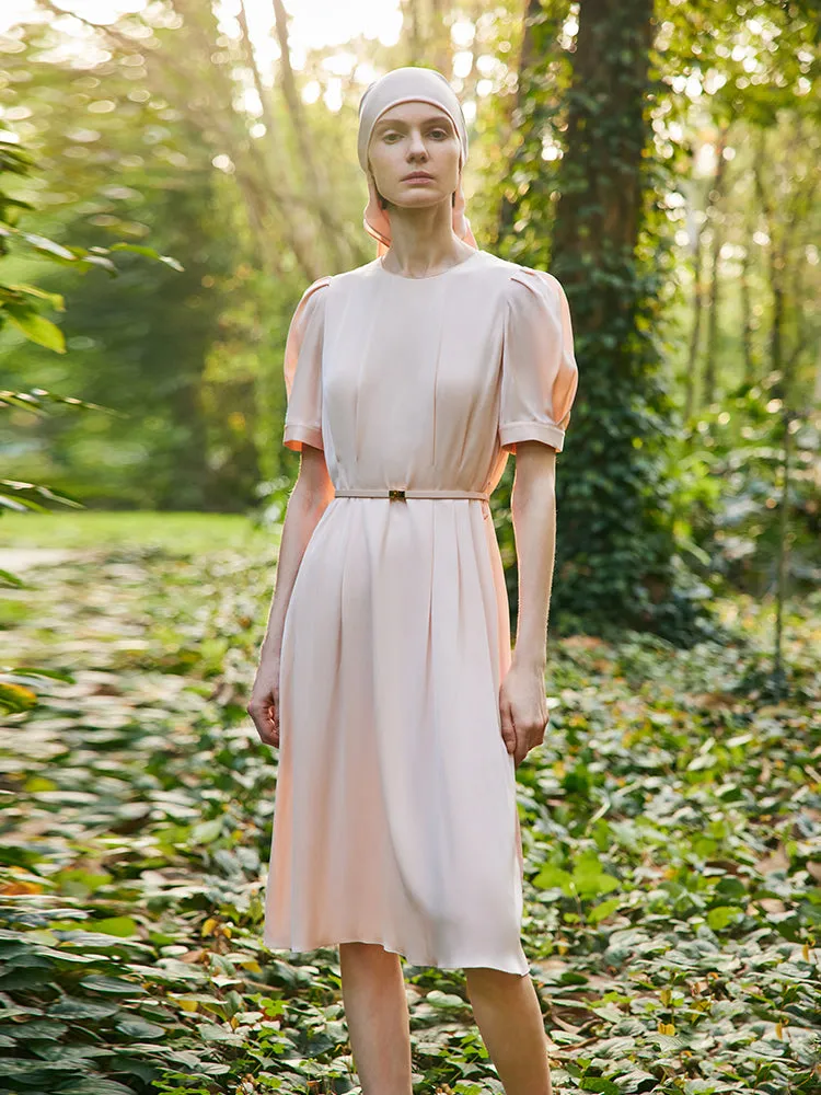 22 Momme Mulberry Silk Women Midi Dress With Leather Belt sold by Goelia