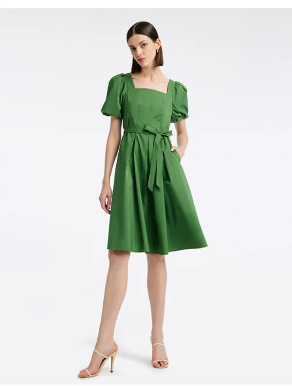 Green Square Neck Puff Sleeve A-Line Mini Dress sold by Goelia