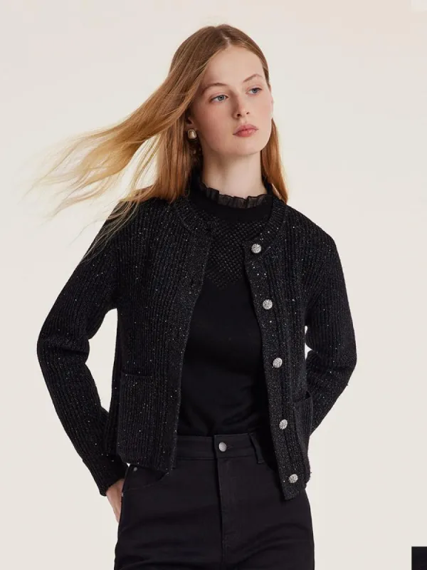 Black Sequins Wool Women Cardigan sold by Goelia