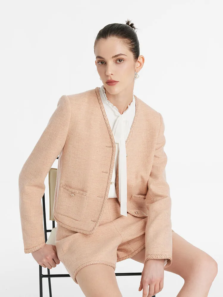 Washable Wool V-Neck Women Jacket With Patch Pockets sold by Goelia