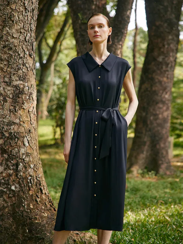 22 Momme Mulberry Silk Lapel Women Midi Dress With Belt sold by Goelia