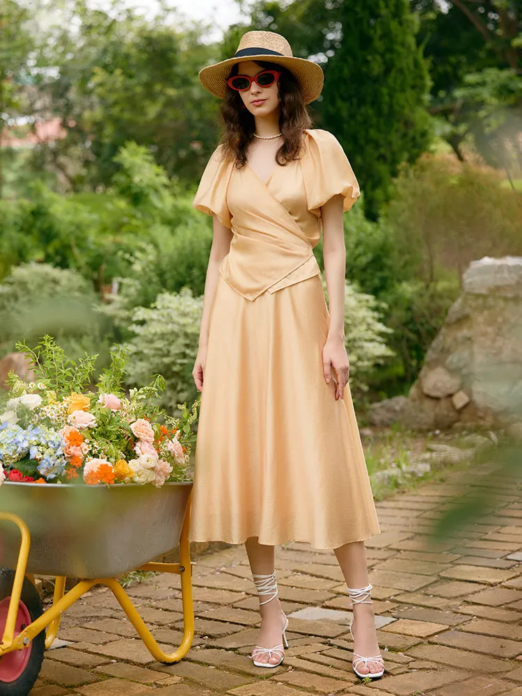 Puff Sleeves Wrapped Top And Skirt With Bottomed Camisole Three-Piece Set sold by Goelia